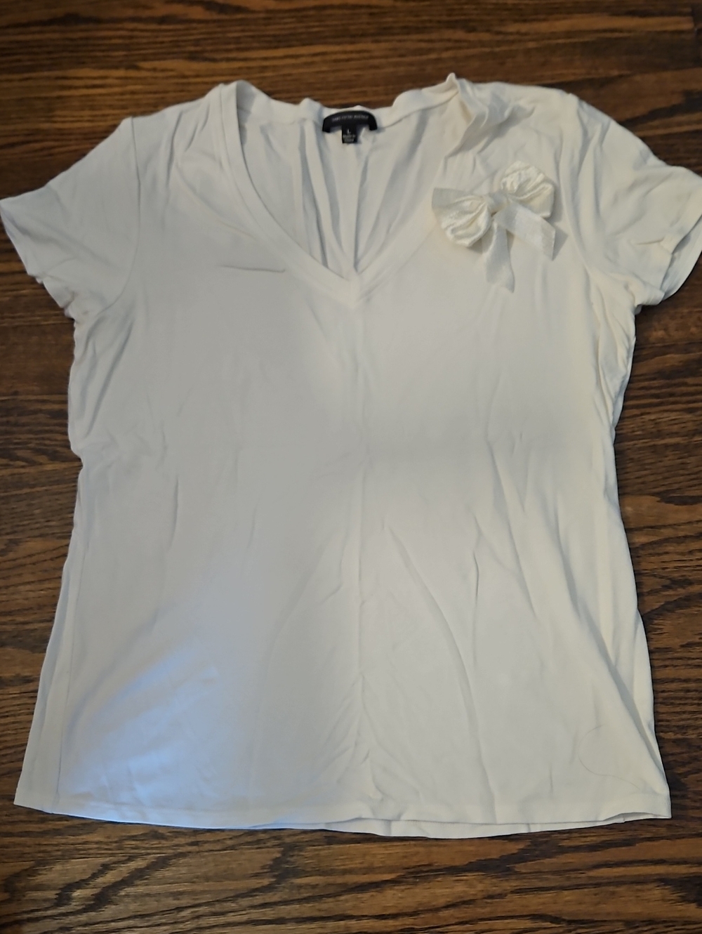 Saks Fifth Avenue Cream V-Neck Tee with Shoulder Bow